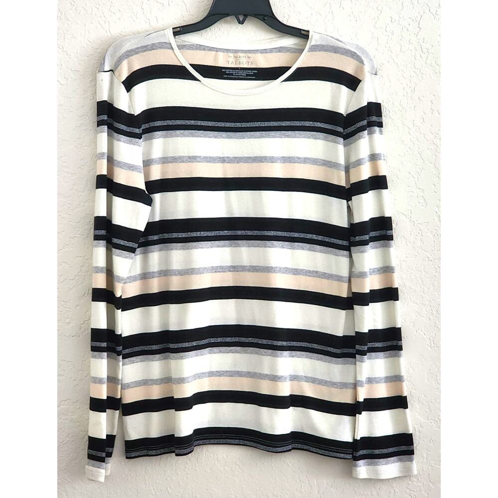 Top/Blouse-Talbots-The Tee-Horizontal Strips-Black Beige White-Metallic Silver-L